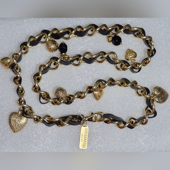 The Limited Vtg Italy Black Leather Chain Belt W/Gold Hearted-Beaded Charms 37" - Picture 4 of 16